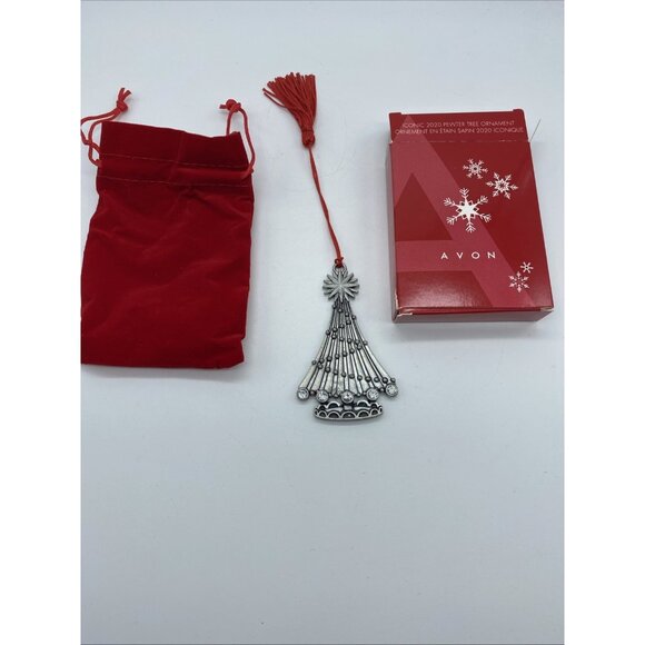 Avon 2020 Pewter Christmas Tree Ornament in Box w/ Red Pouch Crystal Rhinestones - Picture 6 of 8